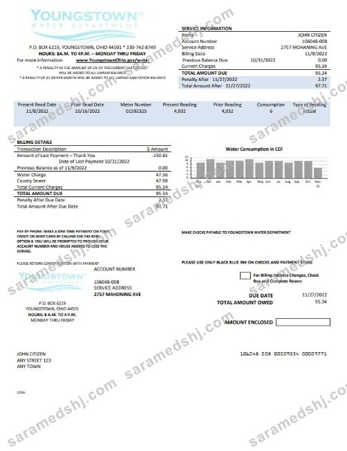 USA Youngstown Water Department utility bill template in Word and PDF format